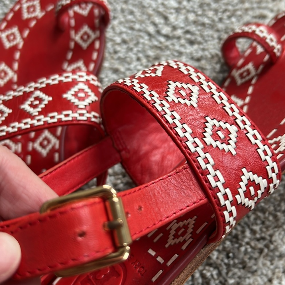 Tory Burch Red and Cream Patterned Sandals size 7 worn once - Picture 4 of 5